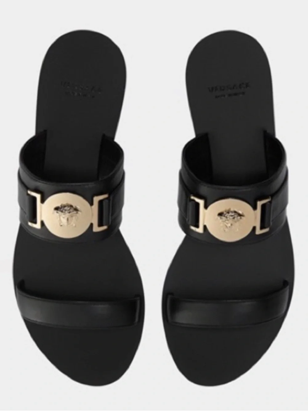 Versace Black Leather Slide Sandals with Gold Medallion